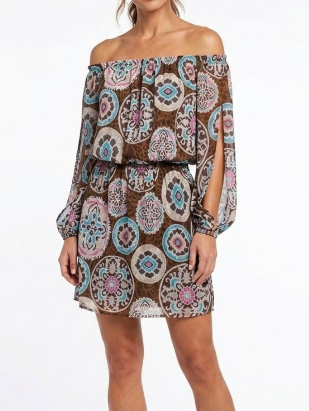Boston Proper Off the Shoulder Mandala Print Blouson Dress Slit Sleeves Size 4